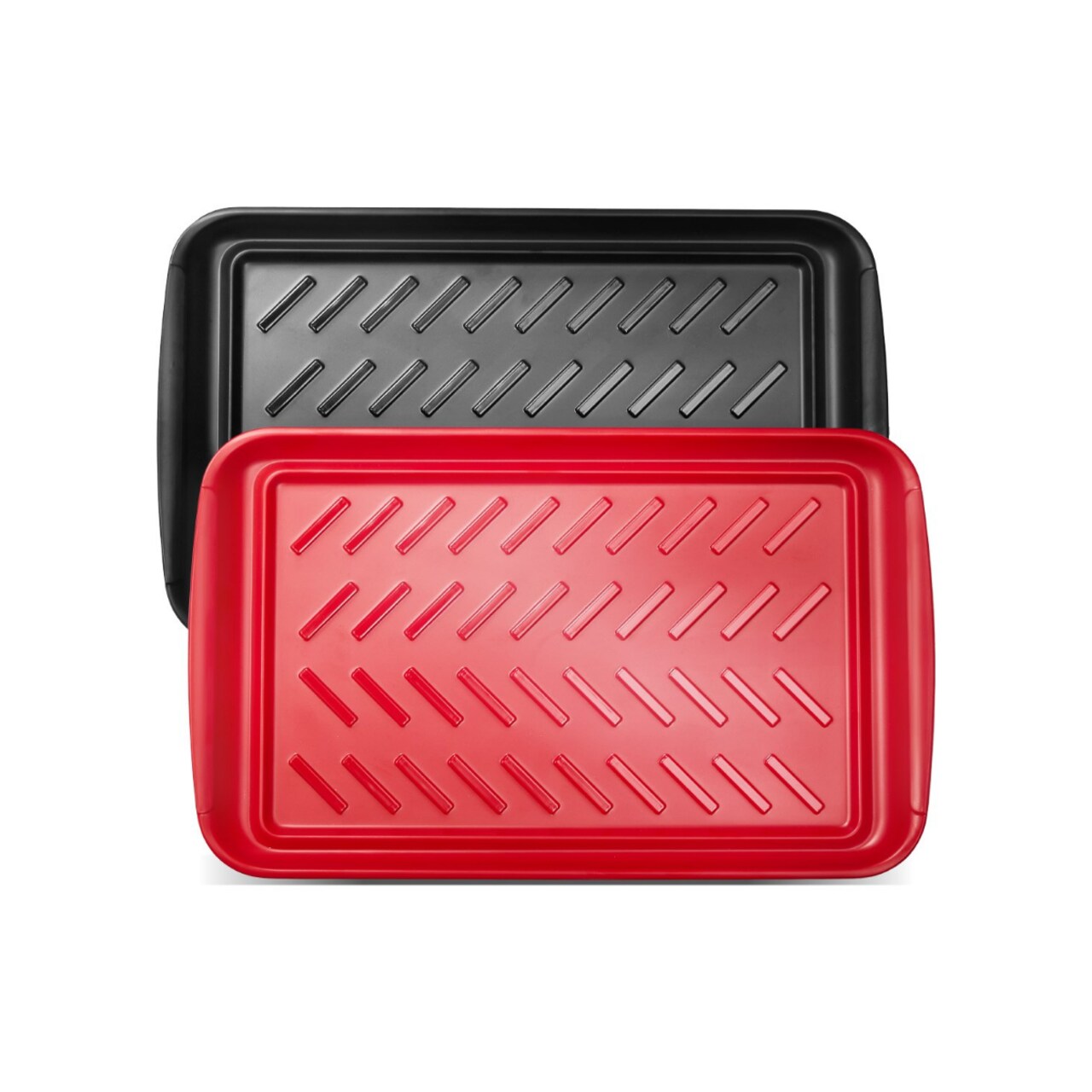 Black and Red Melamine 2-Piece Serving Tray Set with Non-Slip Stripes and Stackable Design